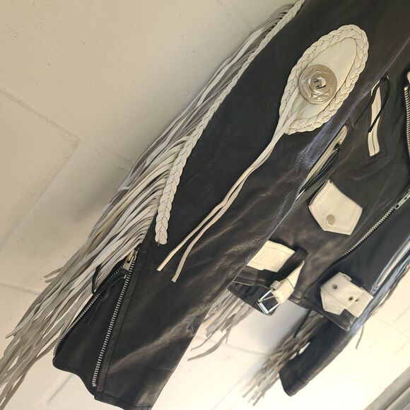 VTG Leather King Black & White Fringe Moto Jacket Braided Western Biker Women XL - Picture 6 of 16